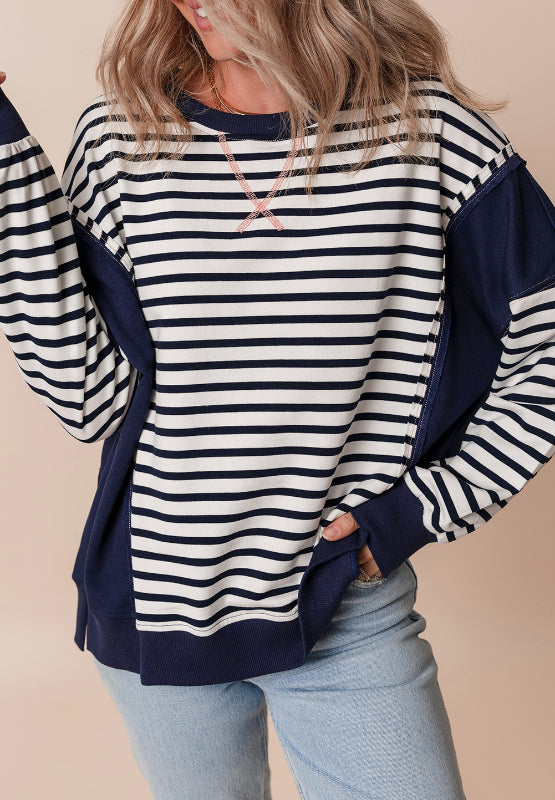 LIZAKOSHT  -  Exposed Seam Striped Long Sleeve Sweatshirt