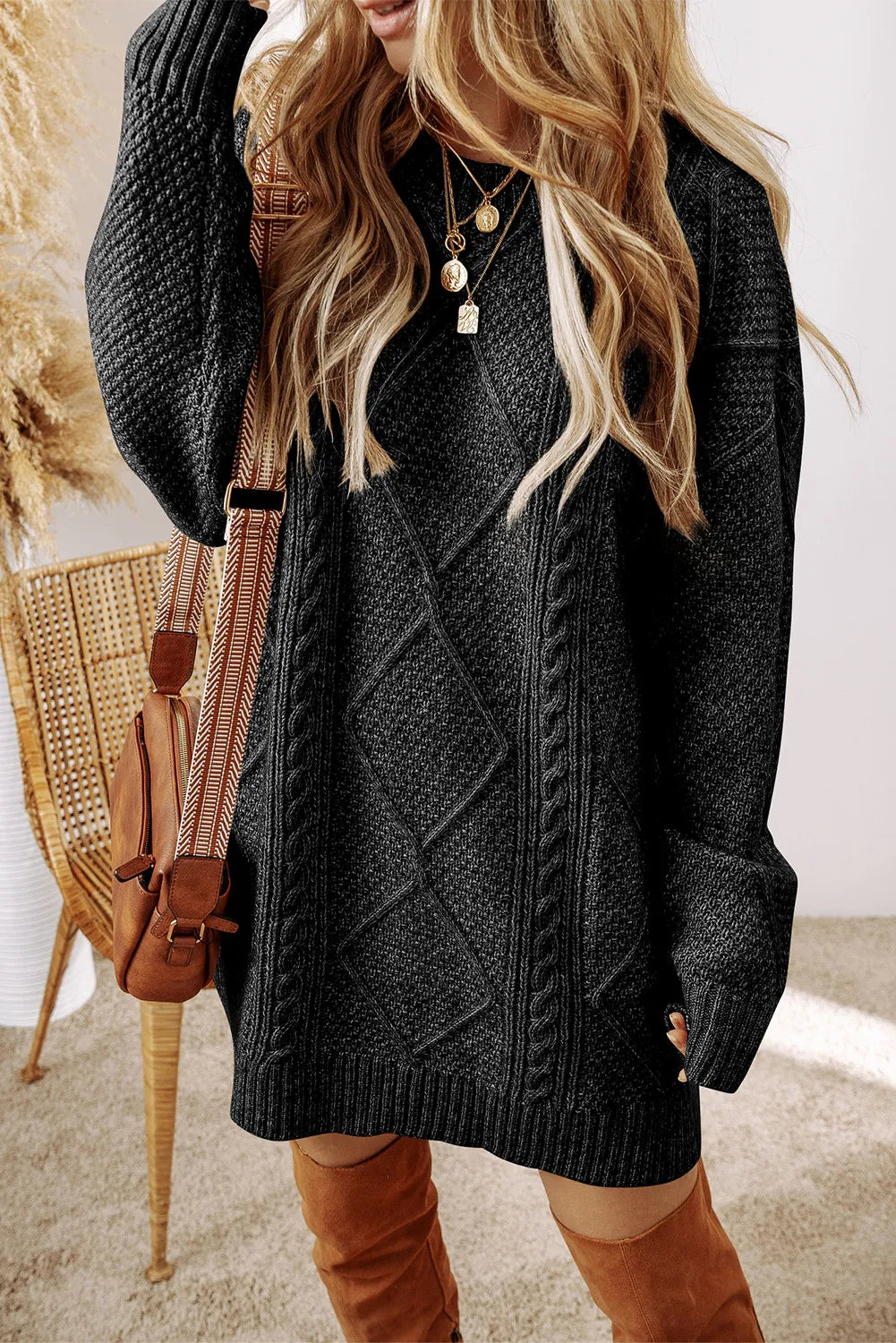 LIZAKOSHT  -  Cable-Knit Round Neck Sweater Dress