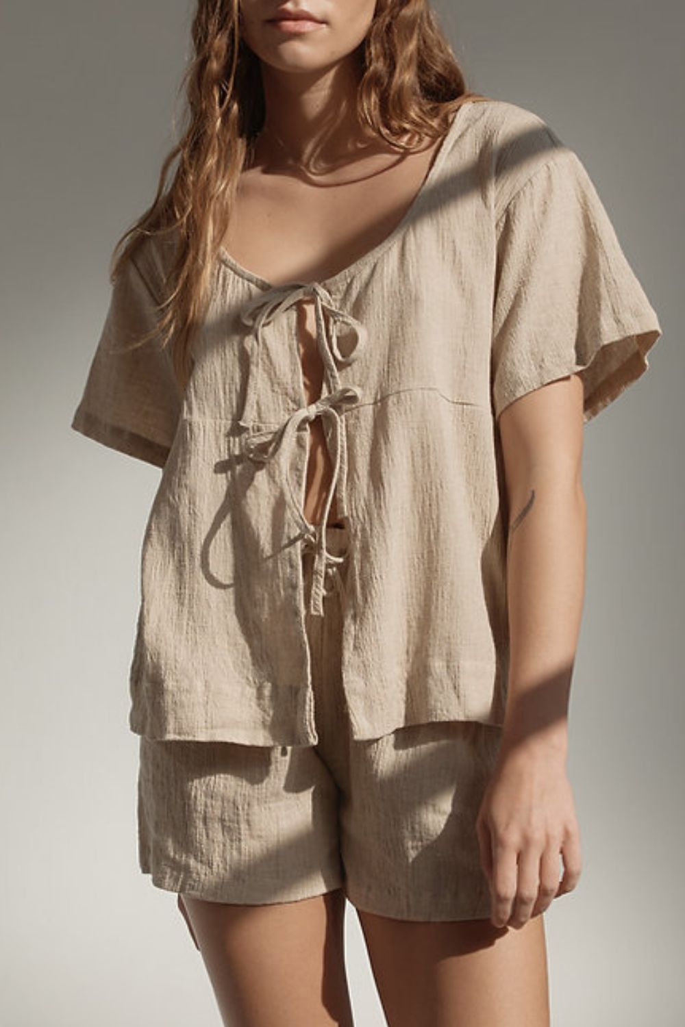 LIZAKOSHT  -  Plaid Tied Scoop Neck Short Sleeve Top and Drawstring Shorts Set