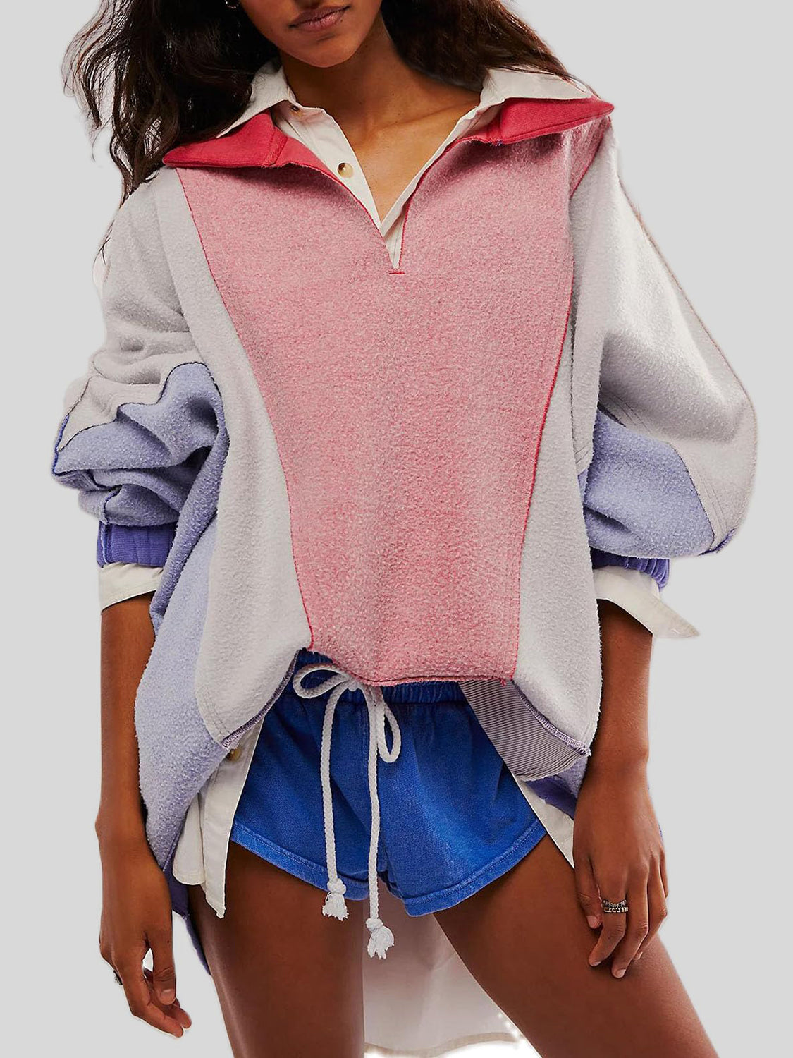 LIZAKOSHT  -  High-Low Exposed Seam Contrast Long Sleeve Sweatshirt