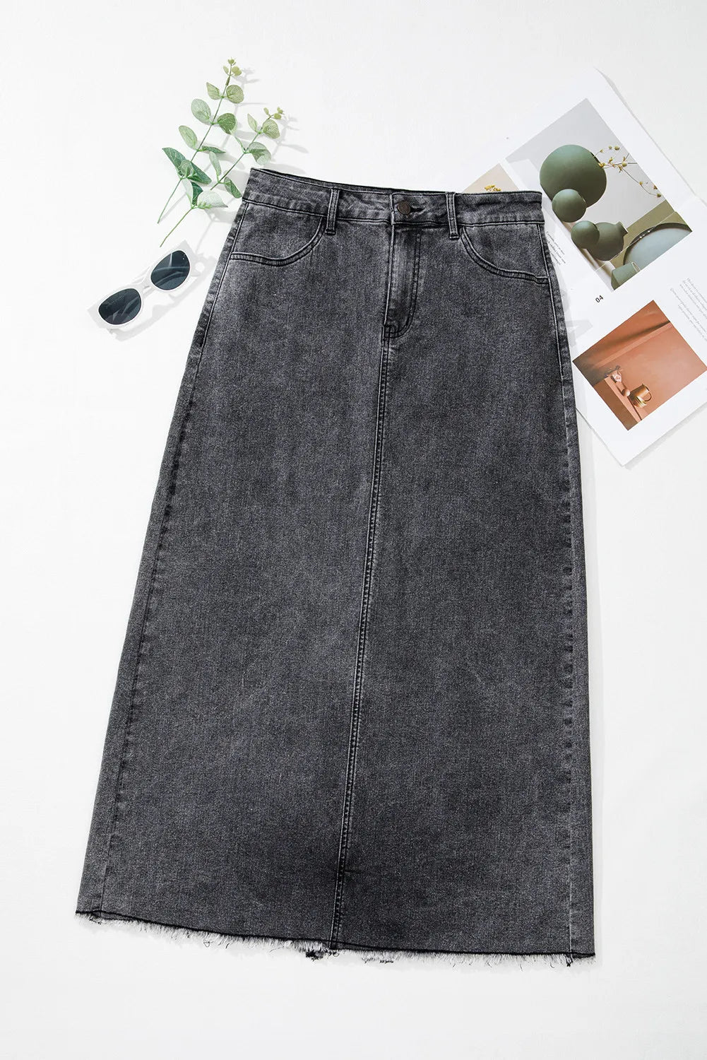 LIZAKOSHT  -  Raw Hem Midi Denim Skirt with Pockets