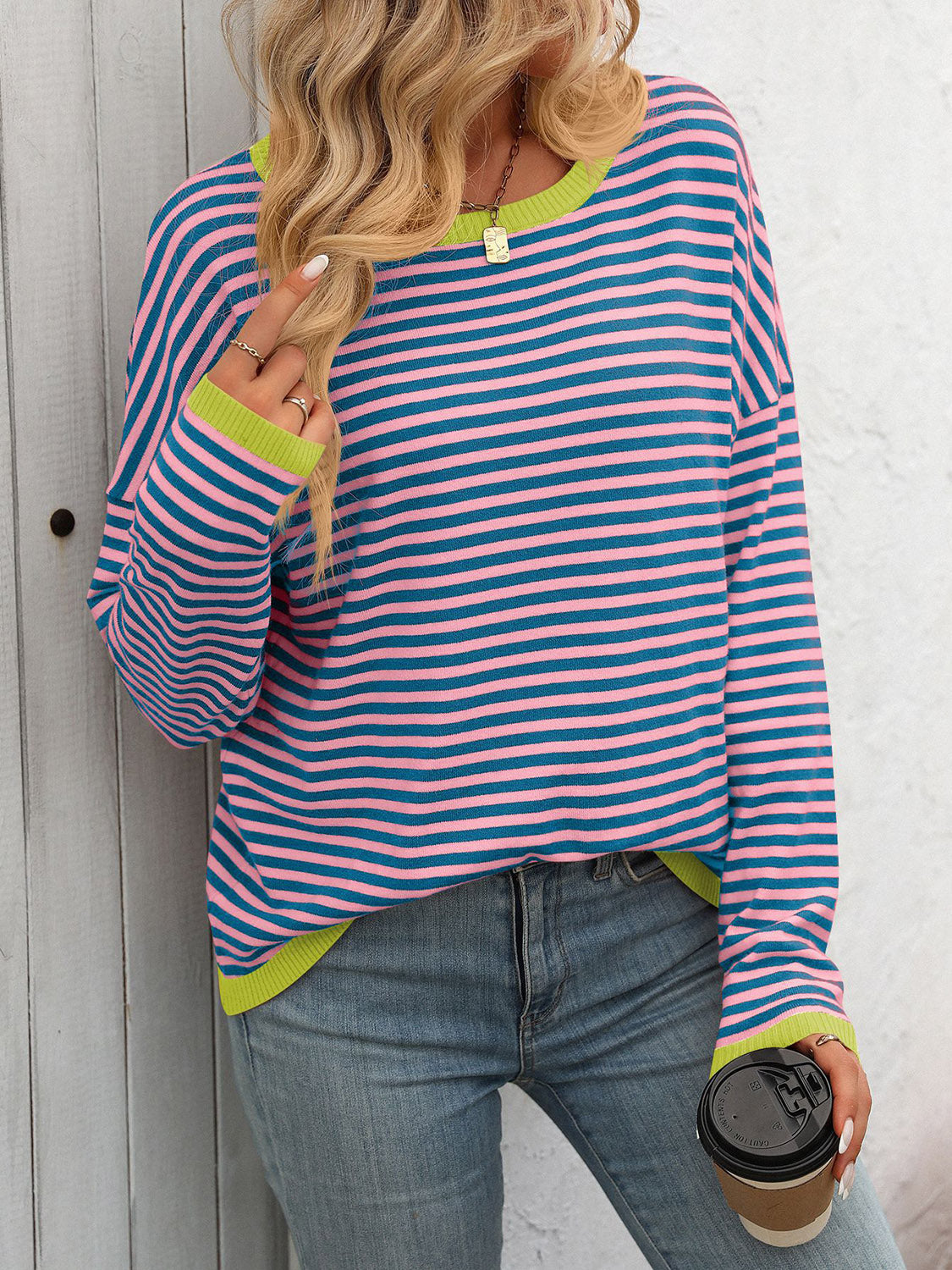 LIZAKOSHT  -  Striped Round Neck Long Sleeve Sweater