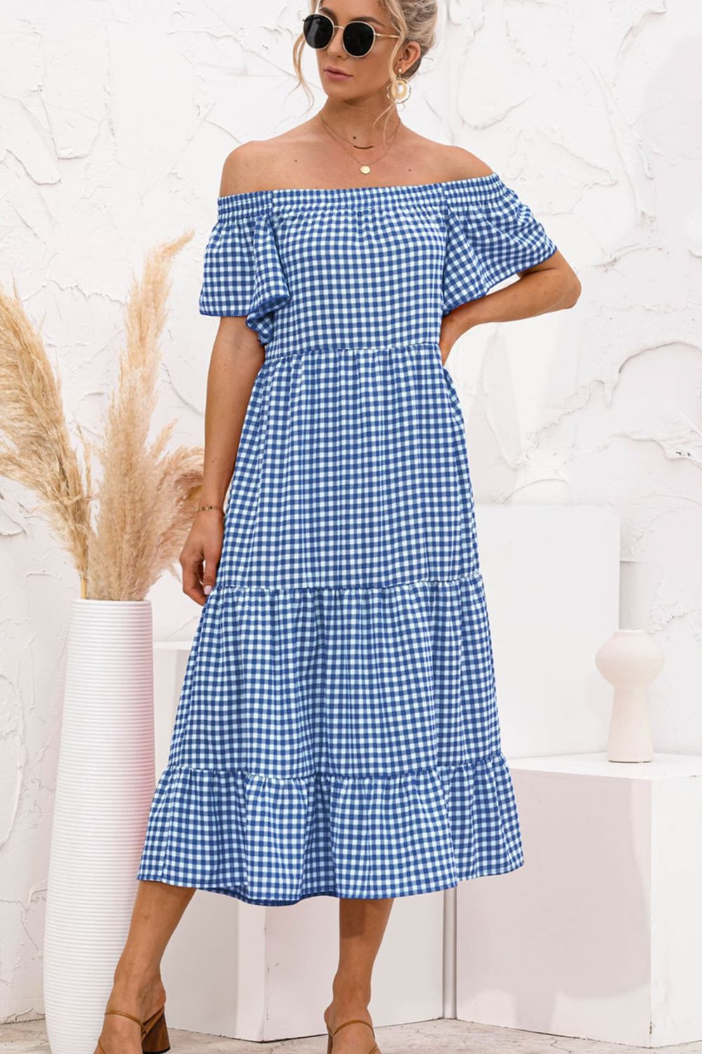 LIZAKOSHT  -  Plaid Off-Shoulder Tiered Midi Dress