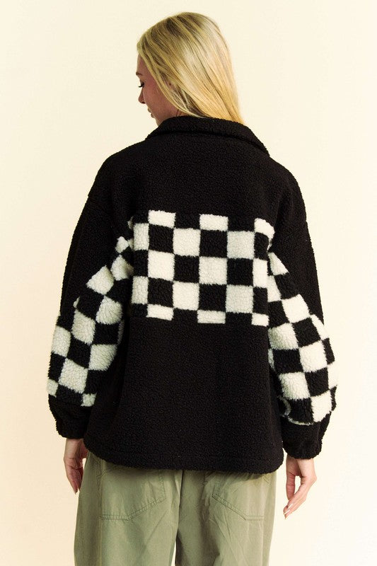 LIZAKOSHT  -  Full Size Checkered Snap Down Faux Fur Jacket