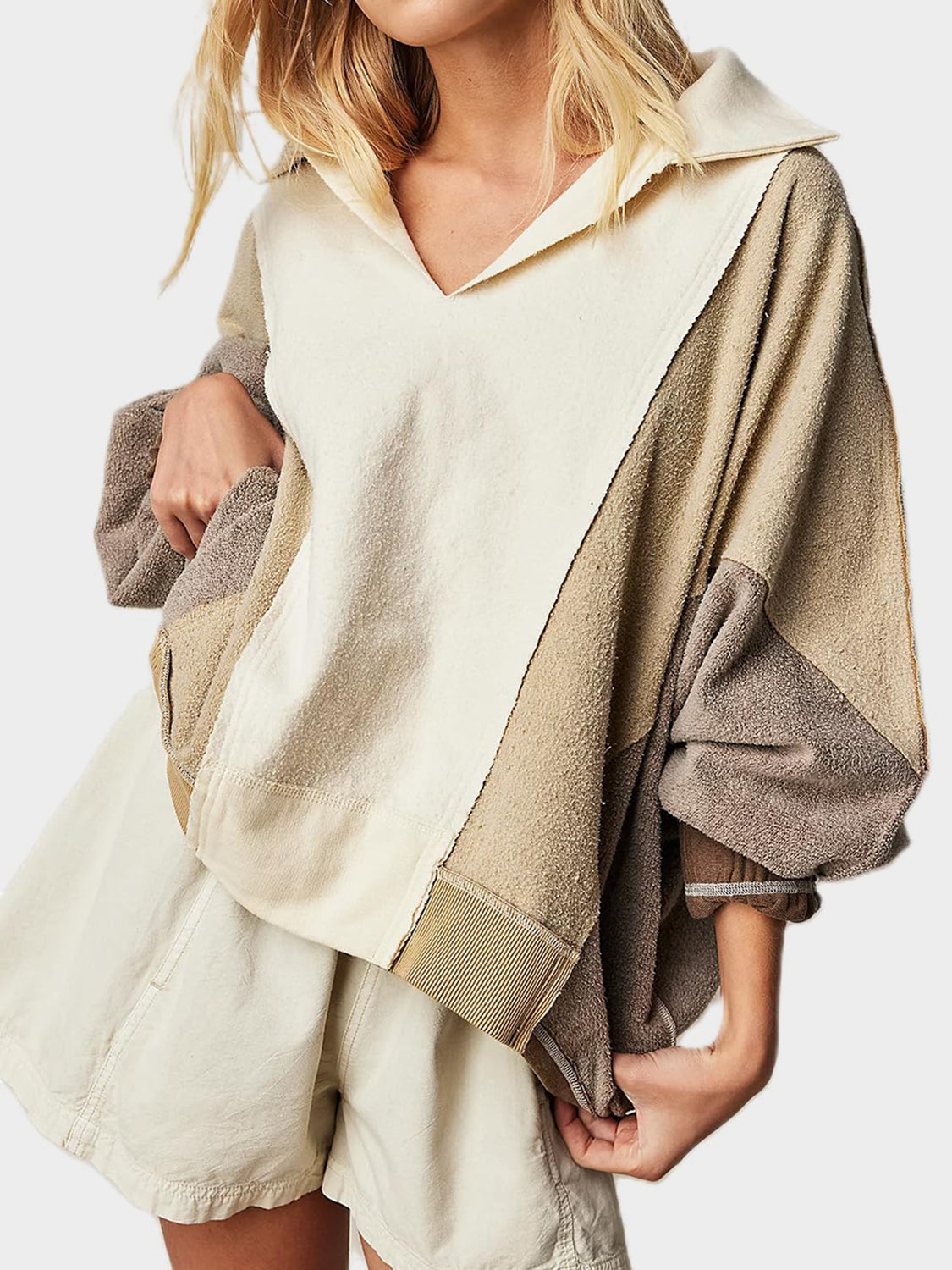 LIZAKOSHT  -  High-Low Exposed Seam Contrast Long Sleeve Sweatshirt