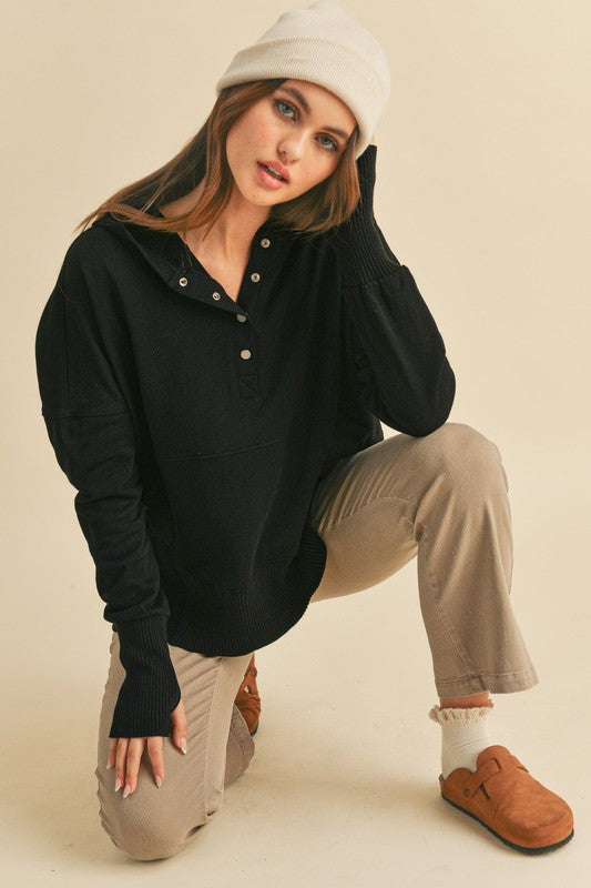 LIZAKOSHT  -  Half Snap Dropped Shoulder Hoodie