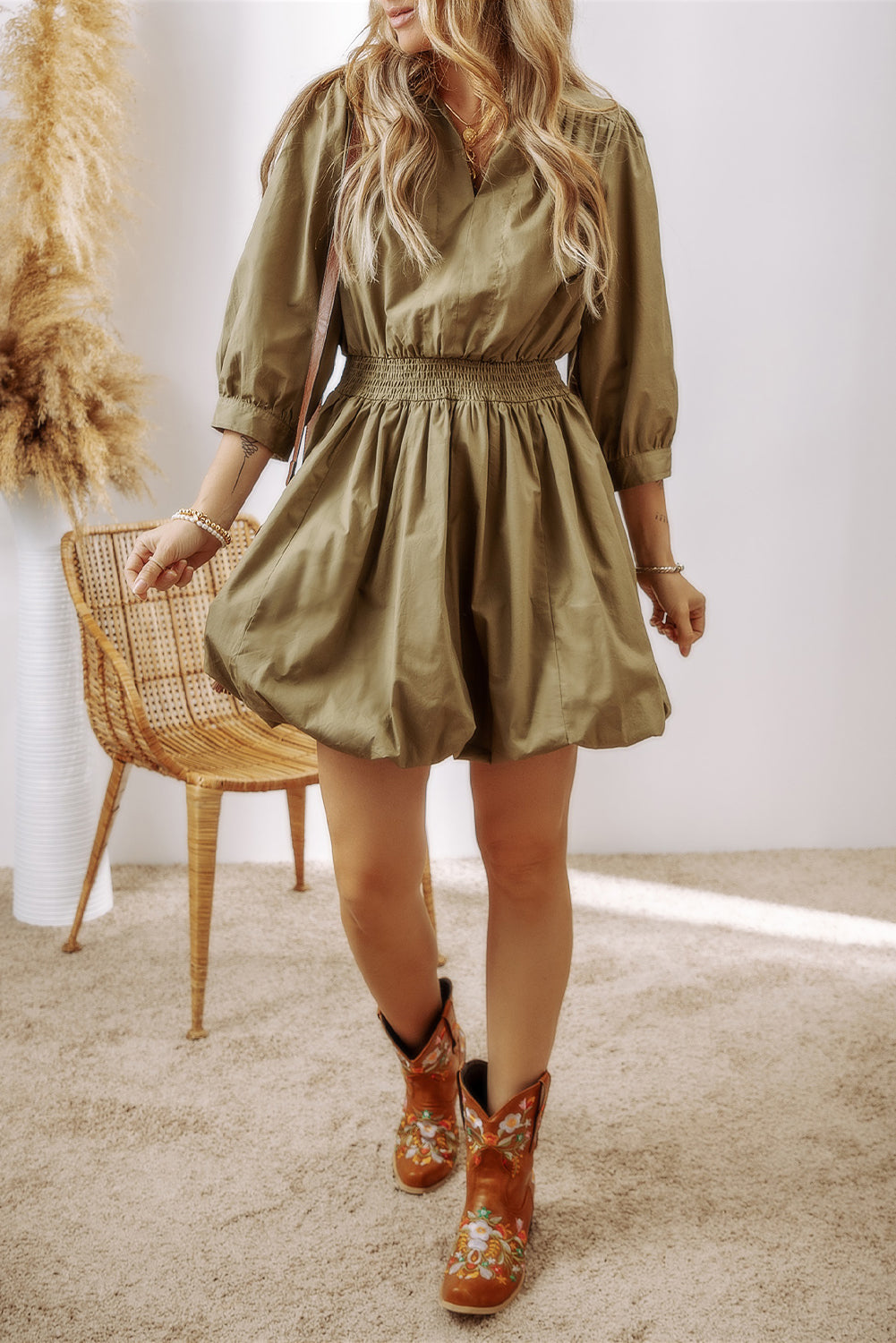 LIZAKOSHT  -  Smocked Johnny Collar Three-Quarter Sleeve Mini Dress