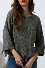 LIZAKOSHT  -  Distressed Round Neck Drop Shoulder Sweater