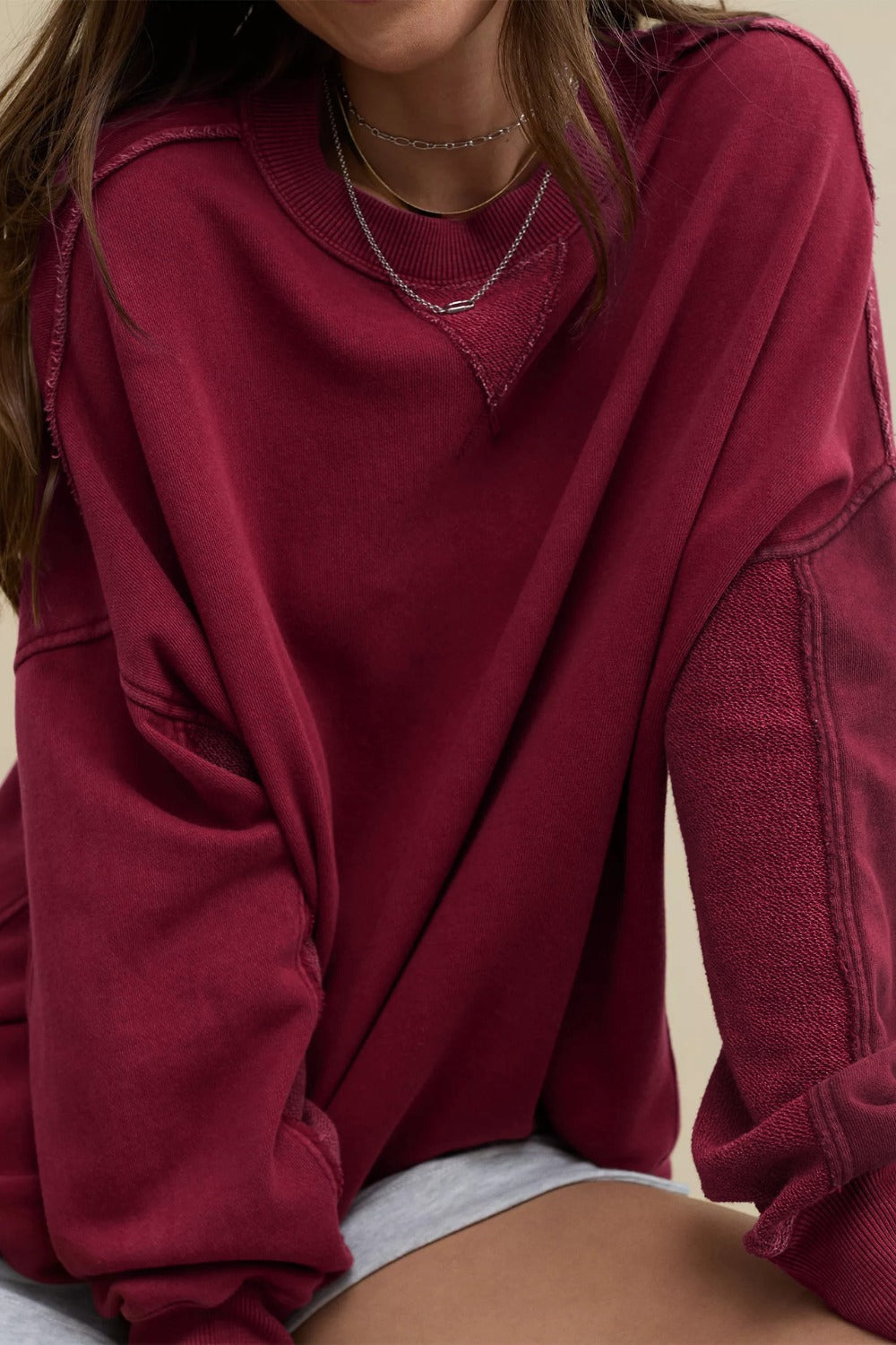 LIZAKOSHT  -  Side Slit Round Neck Long Sleeve Sweatshirt