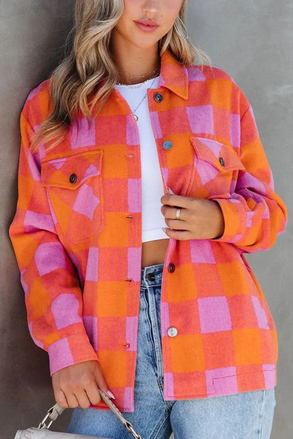 LIZAKOSHT  -  Plaid Collared Neck Button Up Jacket