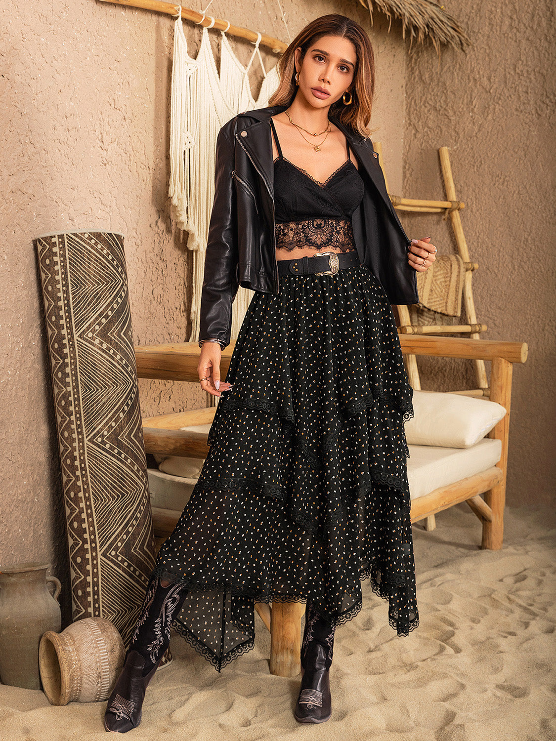 LIZAKOSHT  -  Lace Detail Layered Midi Skirt