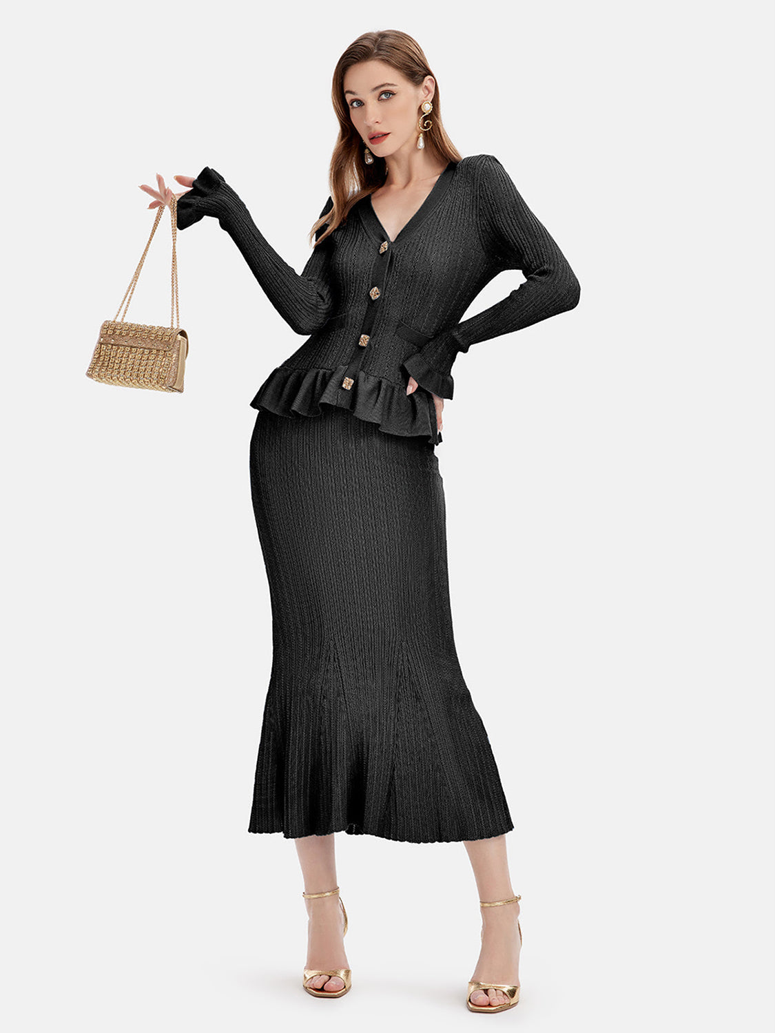 LIZAKOSHT  -  Ruffled V-Neck Top and Midi Skirt Sweater Set