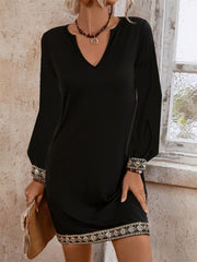 LIZAKOSHT  -  Embroidered Notched Long Sleeve Mini Dress