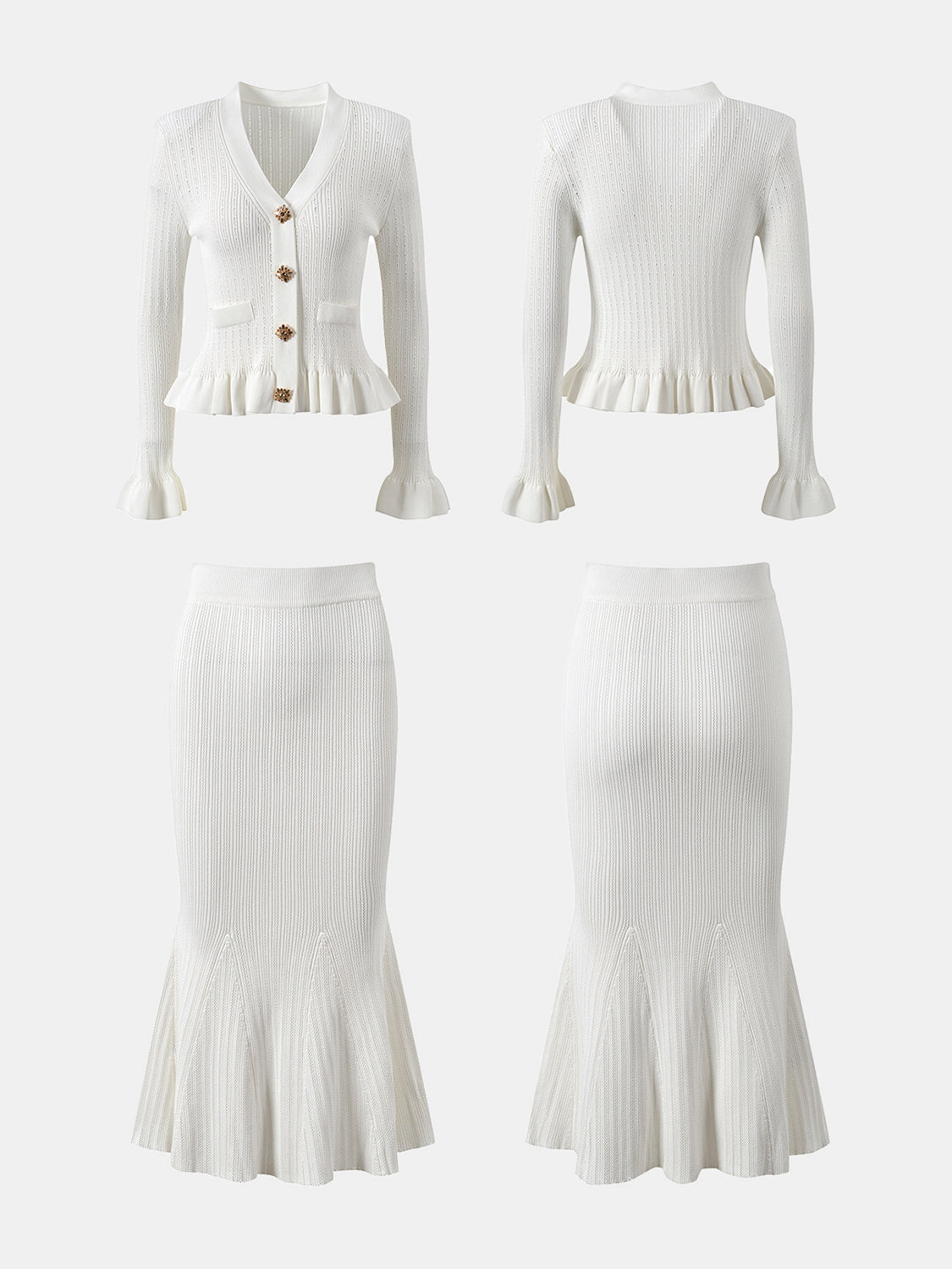 LIZAKOSHT  -  Ruffled V-Neck Top and Midi Skirt Sweater Set