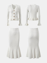 LIZAKOSHT  -  Ruffled V-Neck Top and Midi Skirt Sweater Set