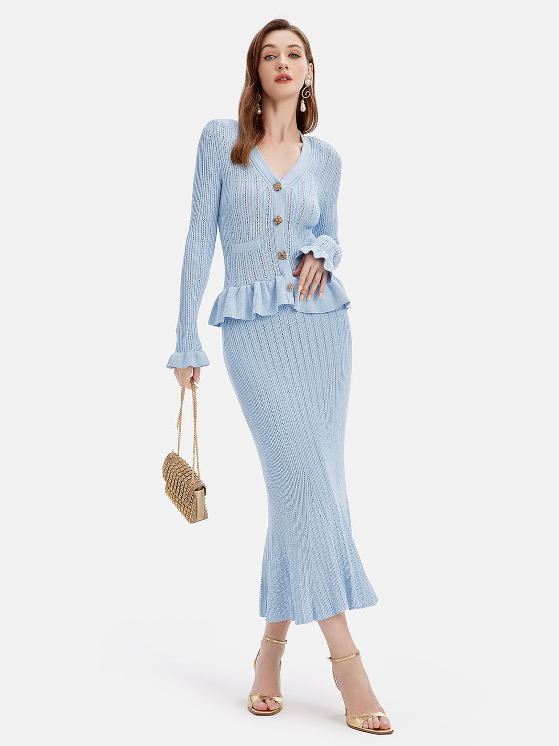 LIZAKOSHT  -  Ruffled V-Neck Top and Midi Skirt Sweater Set