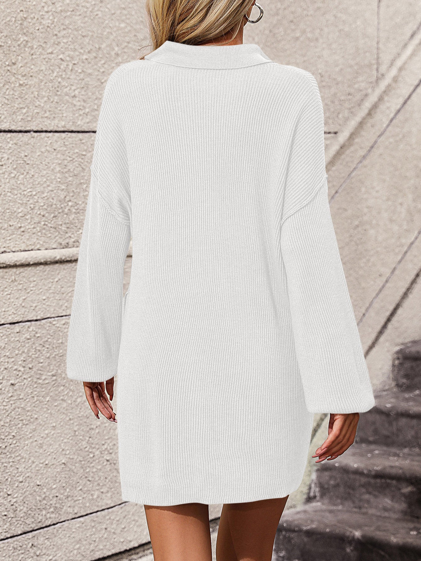 LIZAKOSHT  -  Collared Neck Long Sleeve Sweater Dress with Pockets