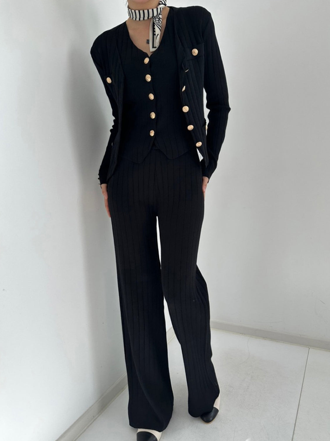 LIZAKOSHT  -  V-Neck Tank, Cardigan and Pants Three-Piece Sweater Set