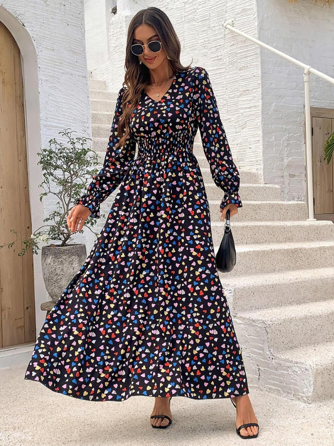 LIZAKOSHT  -  Smocked Printed V-Neck Flounce Sleeve Dress