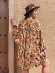 LIZAKOSHT  -  Plus Size Printed V-Neck Balloon Sleeve Mini Dress