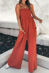 LIZAKOSHT  -  Smocked Spaghetti Strap Wide Leg Jumpsuit