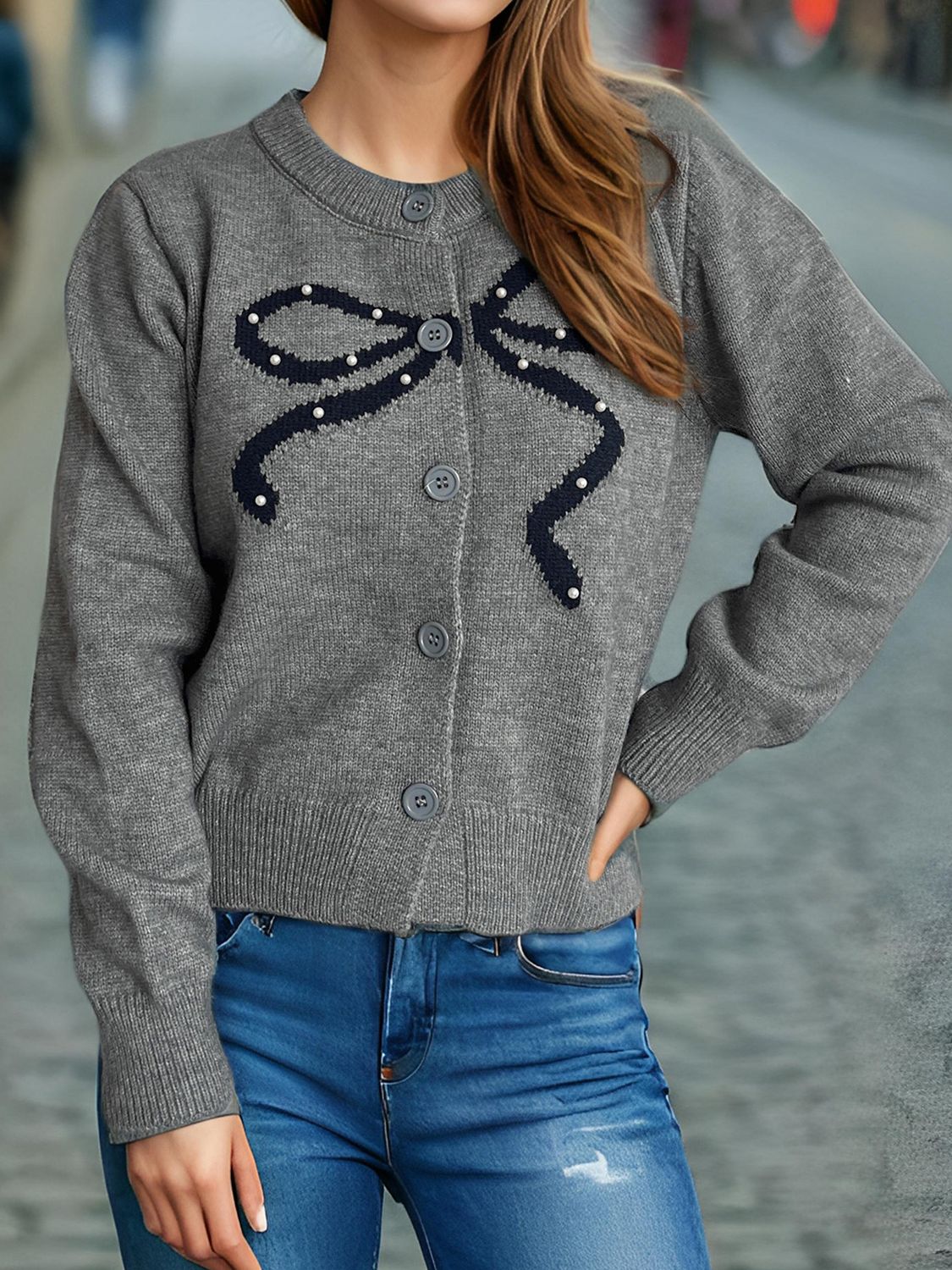 LIZAKOSHT  -  Bow Button Down Round Neck Cardigan