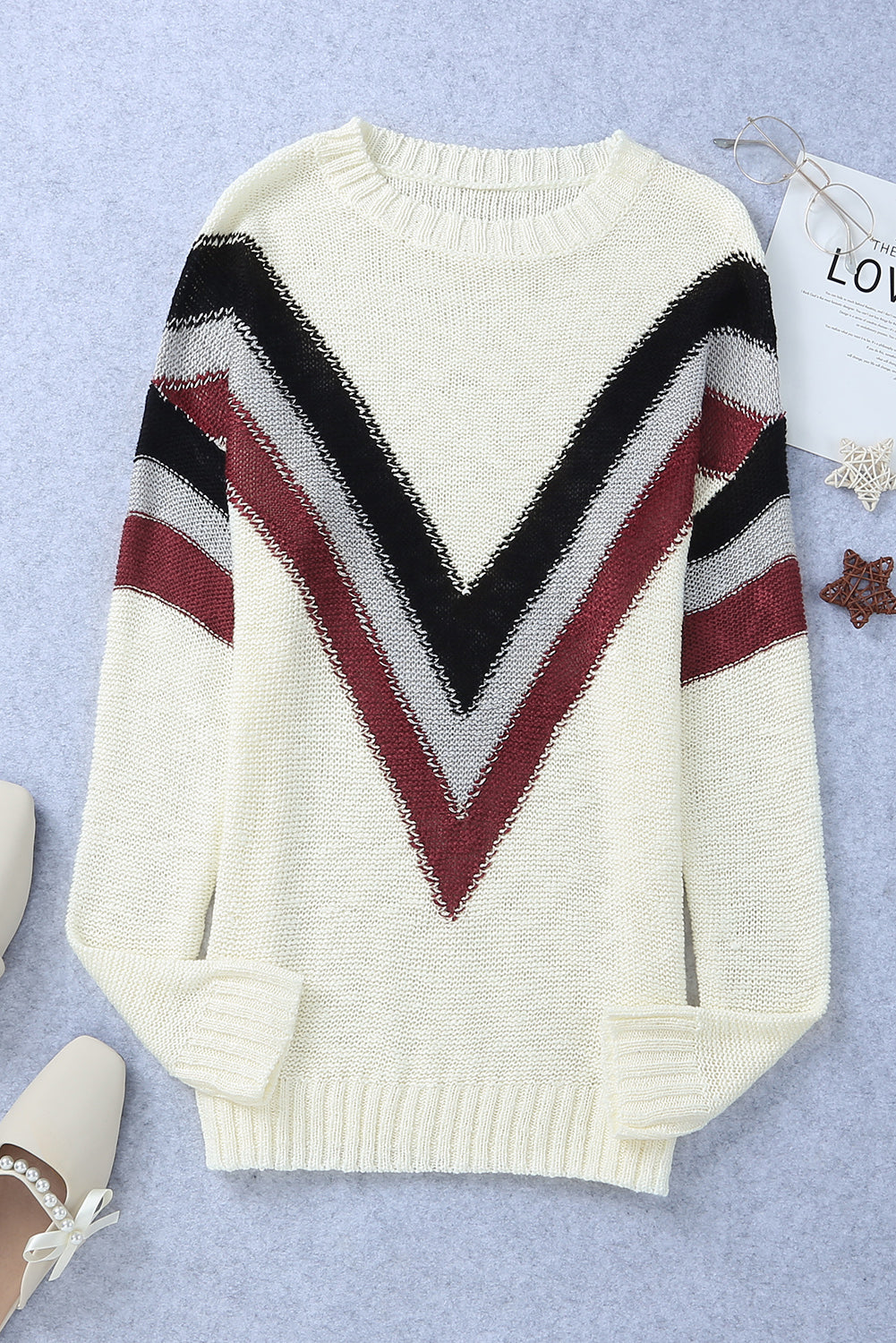 LIZAKOSHT  -  Contrast Dropped Shoulder Long Sleeve Sweater
