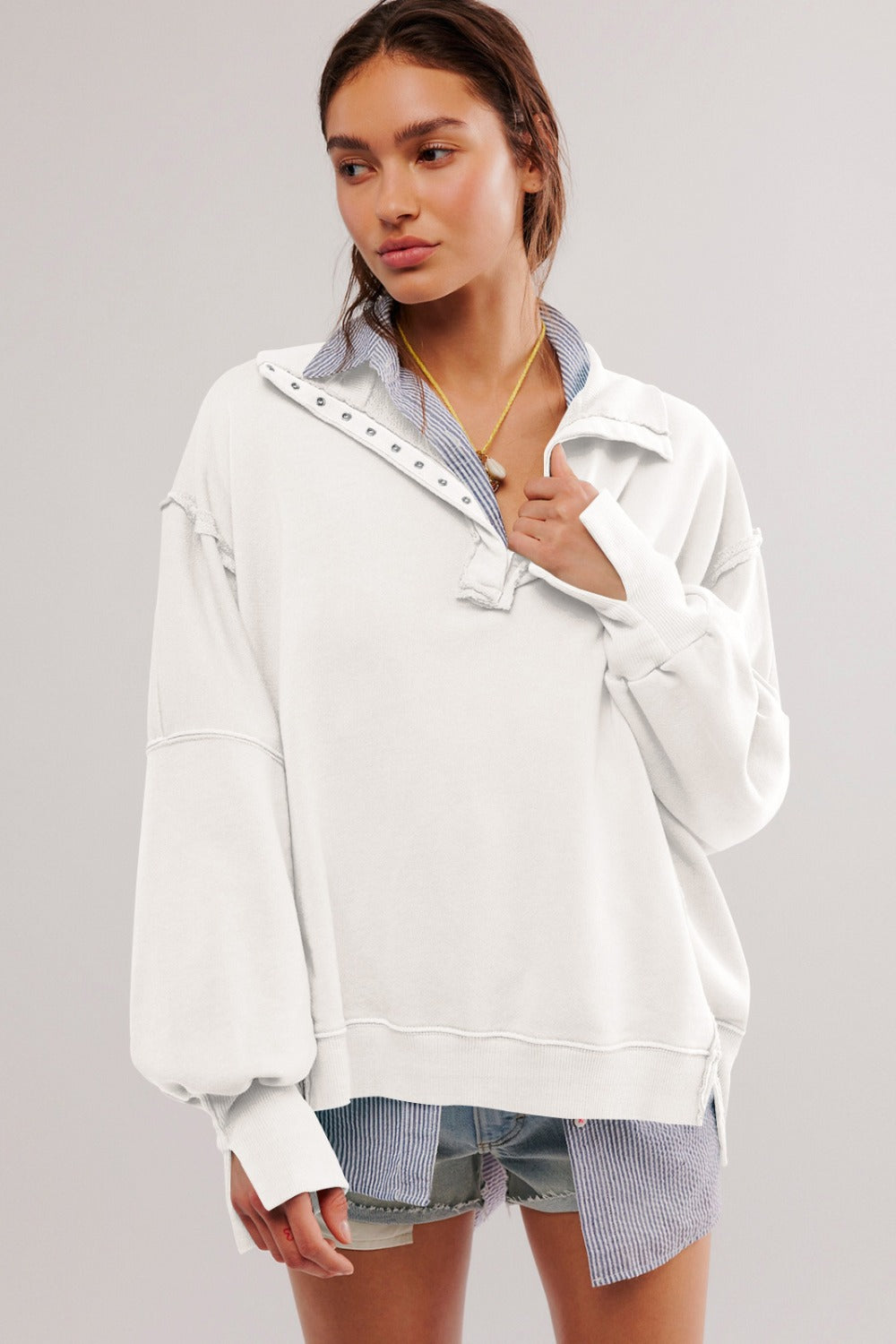 LIZAKOSHT  -  Exposed Seam Side Slit Long Sleeve Sweatshirt