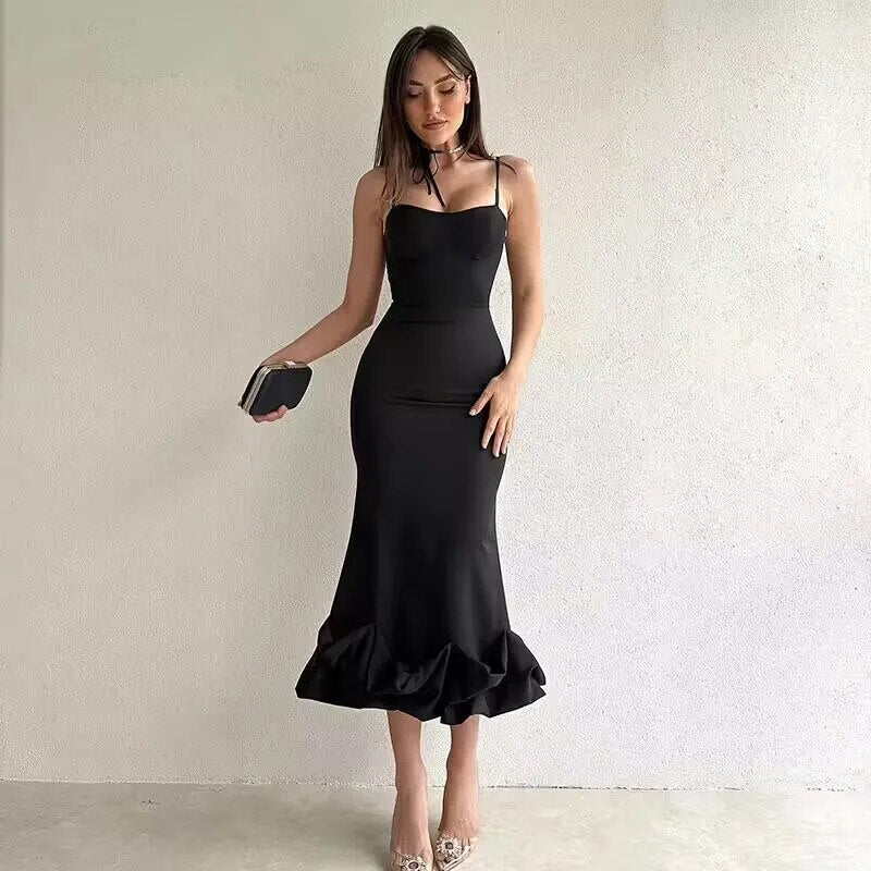 Lizakosht Autumn Women's Hip Wrap Slim Casual Street Shot Lace Panels Show Chest Strap Dress