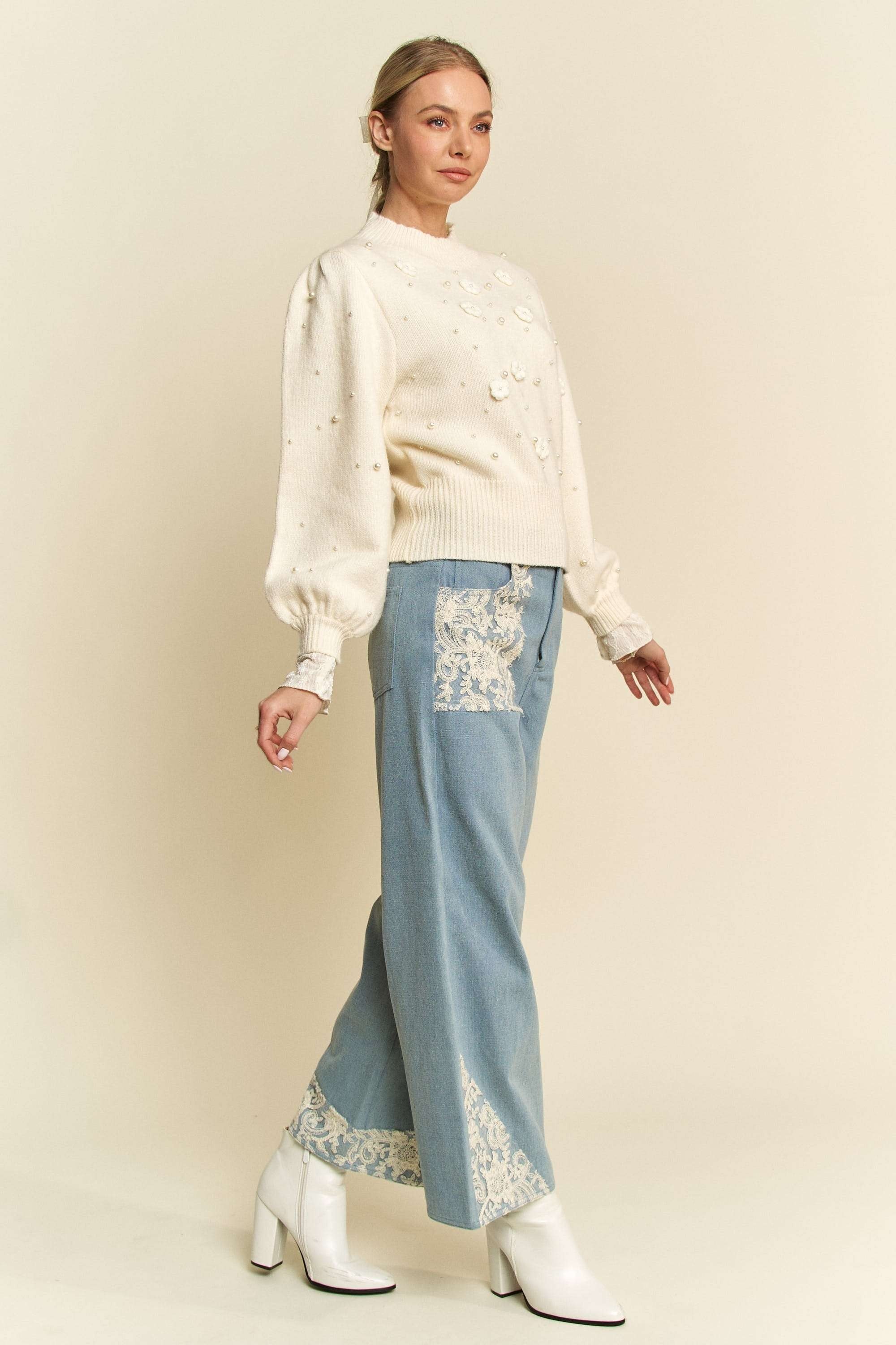 LIZAKOSHT  -  Davi & Dani Lace Applique Wide Leg Jeans