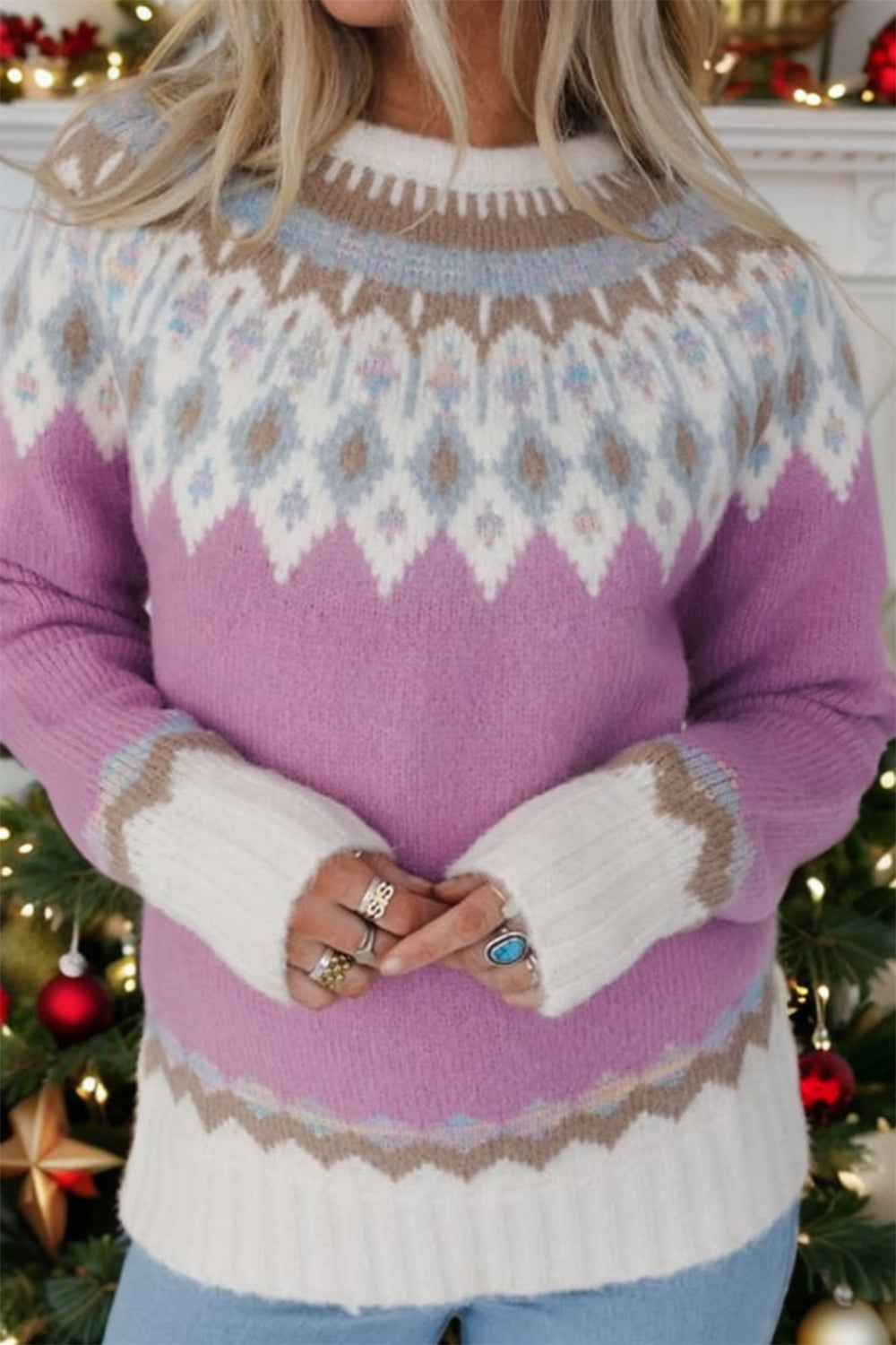 LIZAKOSHT  -  Geometric Round Neck Long Sleeve Sweater