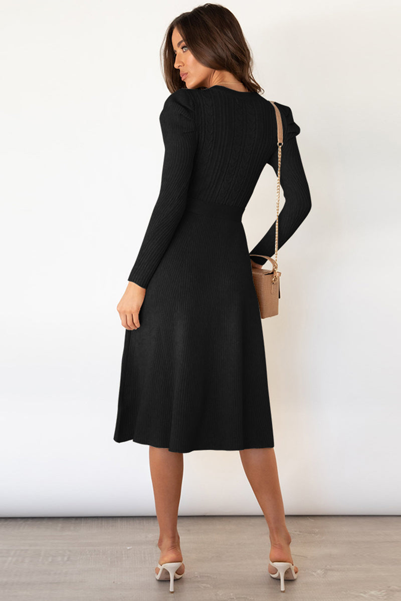 LIZAKOSHT  -  Round Neck Long Sleeve Tie Waist Sweater Dress