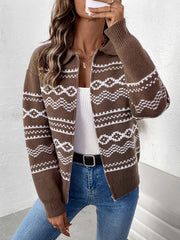 LIZAKOSHT  -  Perfee Geometric Zip Up Collared Neck Long Sleeve Cardigan