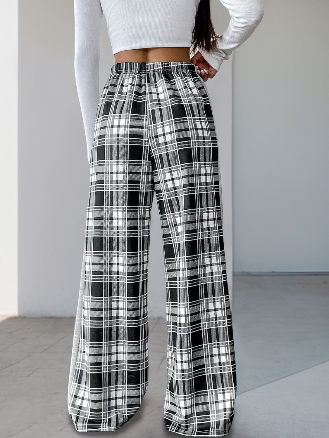 LIZAKOSHT  -  Perfee Drawstring Plaid Wide Leg Pants