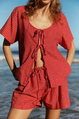 LIZAKOSHT  -  Plaid Tied Scoop Neck Short Sleeve Top and Drawstring Shorts Set
