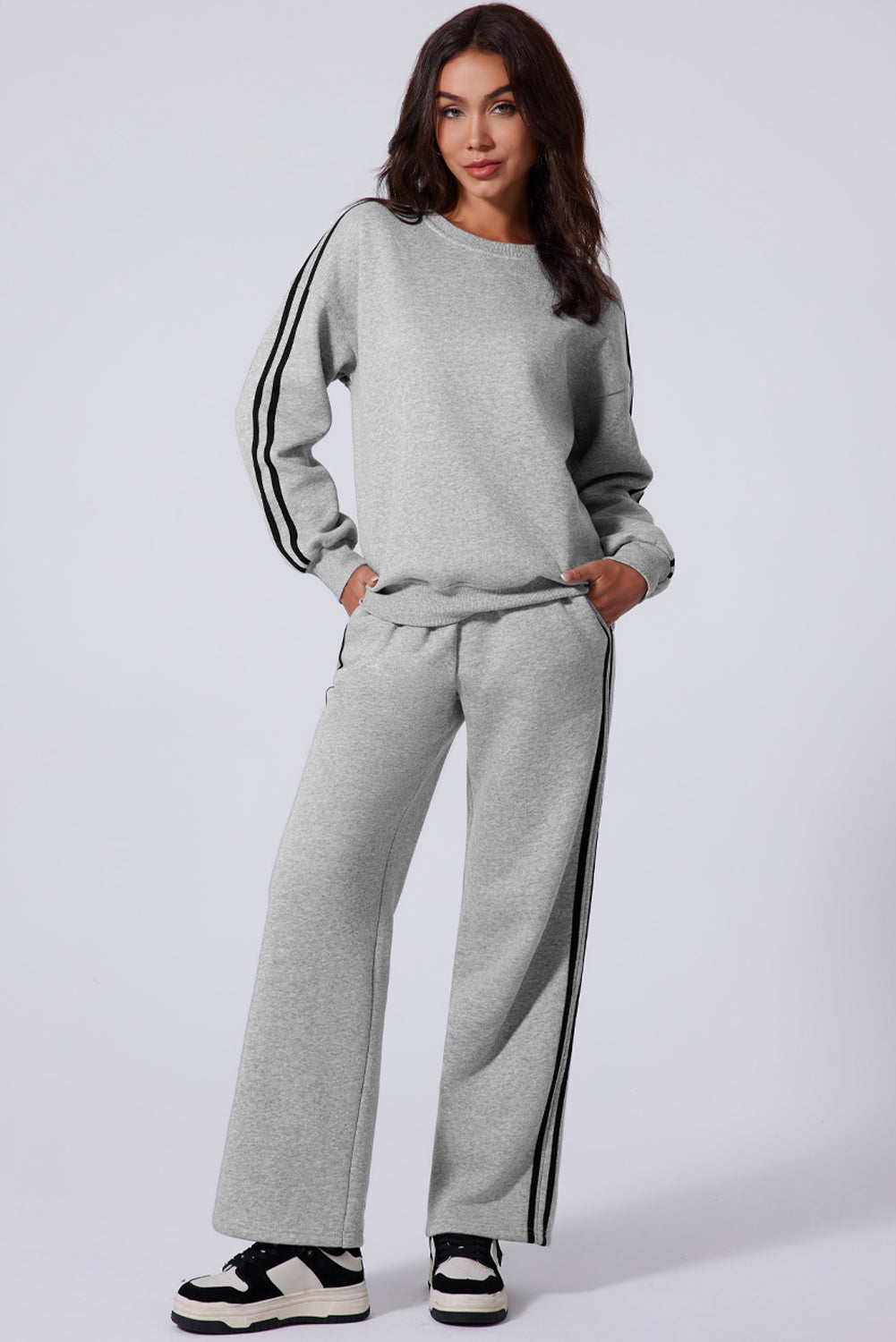 LIZAKOSHT  -  Side Striped Round Neck Top and Pants Active Set