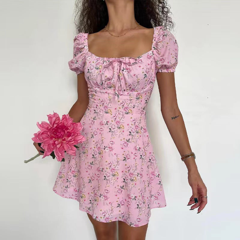 LIZAKOSHT  -  Women Boho Dress Short Sleeve Flower Print Lacing Sundress Summer A-line Dress Vacation Holiday Outfit Female Clothes Streetwear