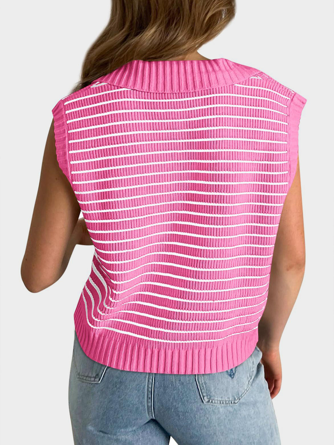 LIZAKOSHT  -  Mandy Collared Neck Striped Sweater Vest