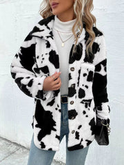LIZAKOSHT  -  Cow Print Collared Neck Button Up Fuzzy Jacket