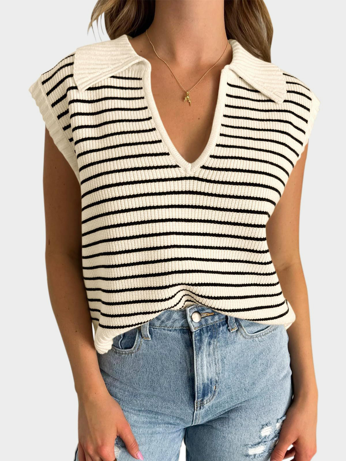 LIZAKOSHT  -  Mandy Collared Neck Striped Sweater Vest