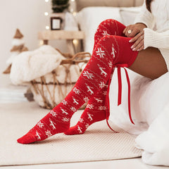 LIZAKOSHT  -  Christmas Element Bowknot Ribbed Trim Over Knee Stockings
