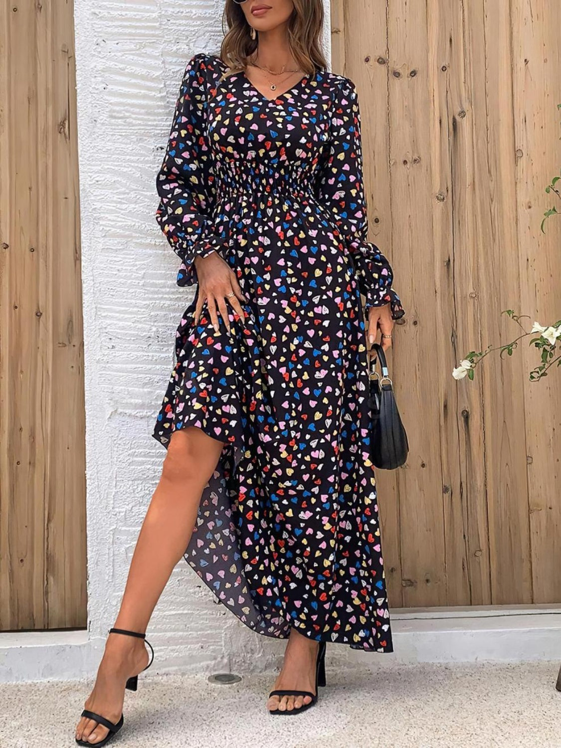 LIZAKOSHT  -  Smocked Printed V-Neck Flounce Sleeve Dress