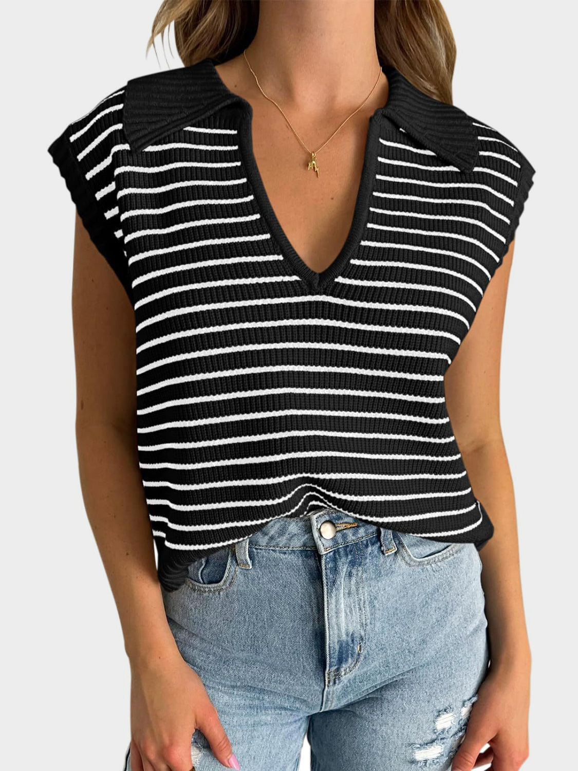 LIZAKOSHT  -  Mandy Collared Neck Striped Sweater Vest