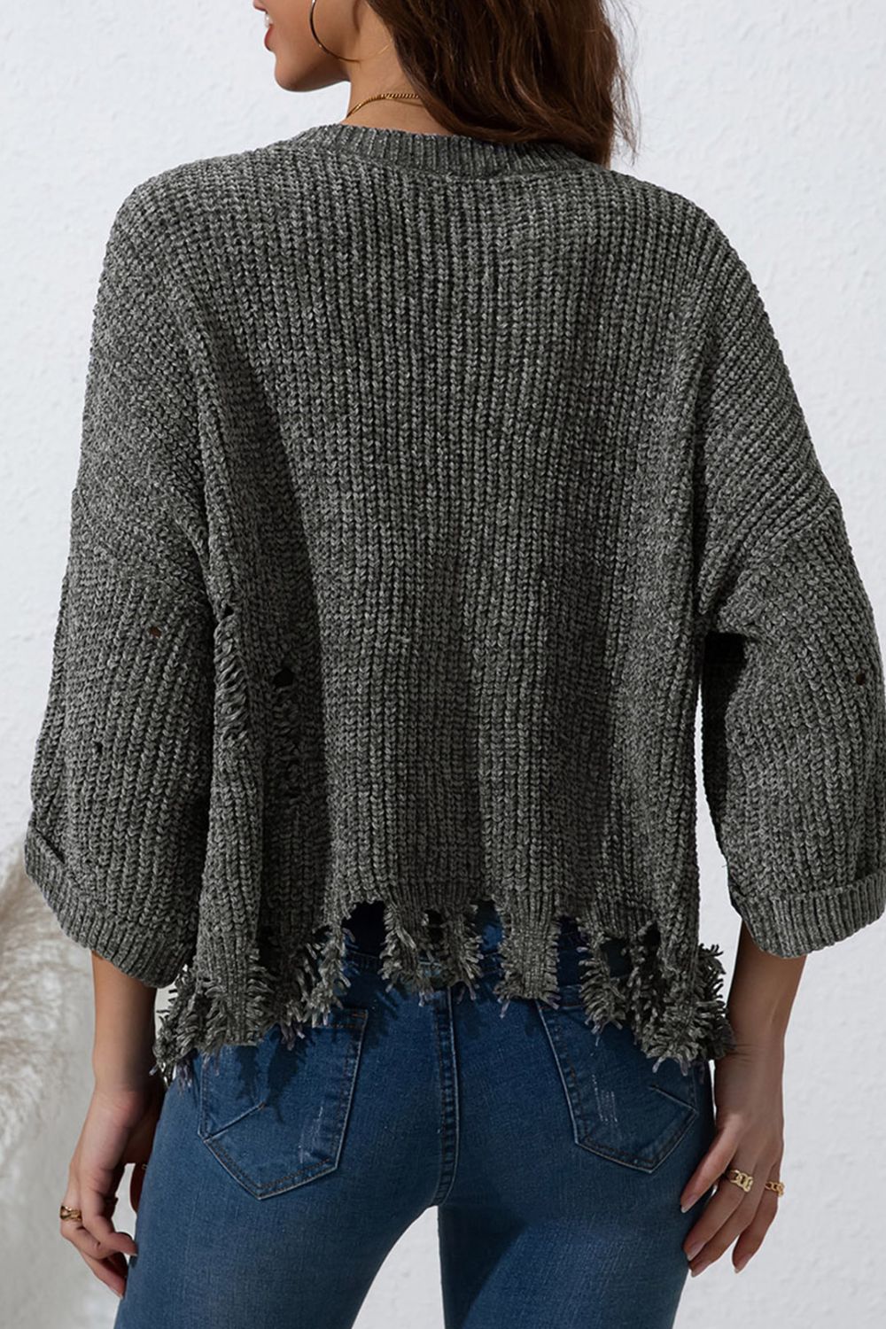 LIZAKOSHT  -  Distressed Round Neck Drop Shoulder Sweater