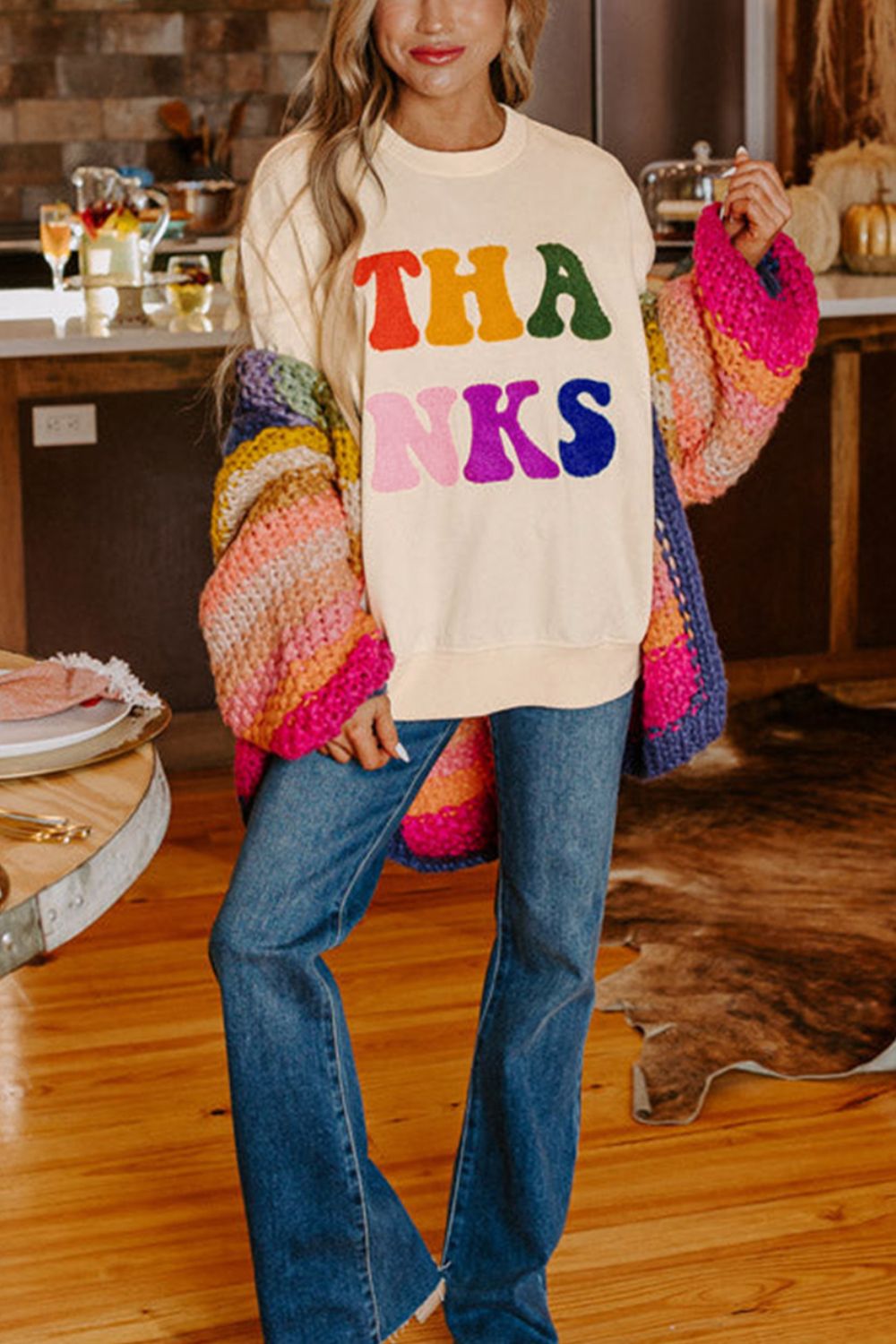 LIZAKOSHT  -  THANKS Round Neck Long Sleeve Sweatshirt