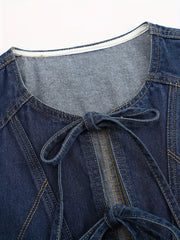 LIZAKOSHT  -  Women's Dark Denim Sleeveless Vest - Casual Spring/Summer Outerwear, Washed Jean Jacket with Adjustable Tie-Front, Functional Pockets, Outdoor Attire | Adjustable Front Tie | Woven Denim Texture