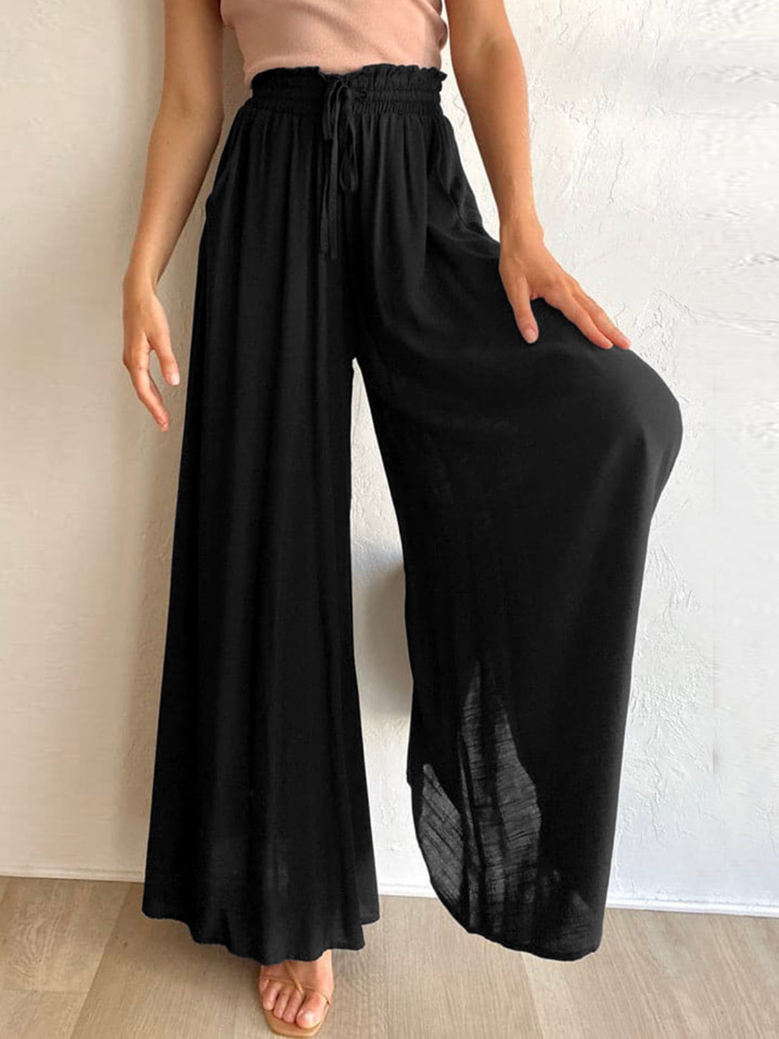 LIZAKOSHT  -  Drawstring Wide Leg Pants with Pockets