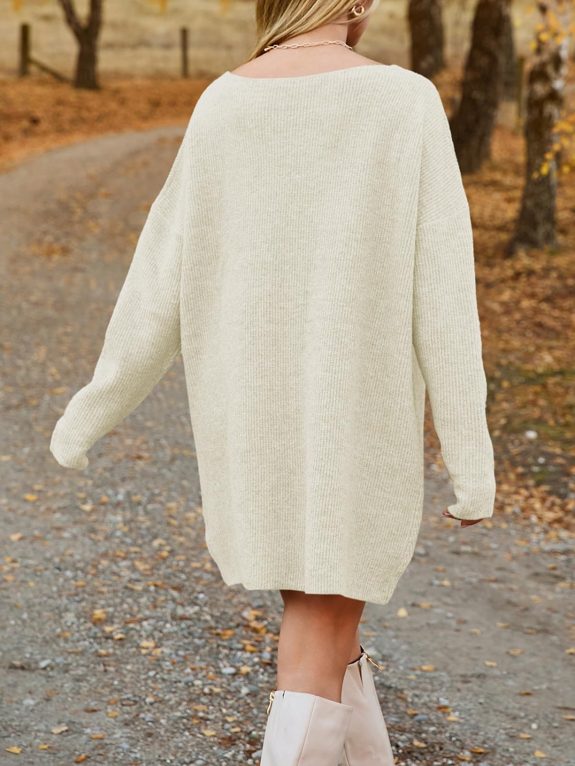 LIZAKOSHT  -  V-Neck Dropped Shoulder Sweater Dress