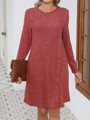 LIZAKOSHT  -  Decorative Button Round Neck Long Sleeve Dress