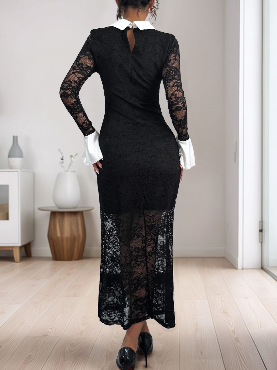 LIZAKOSHT  -  Perfee Lace Contrast Collared Neck Long Sleeve Midi Dress